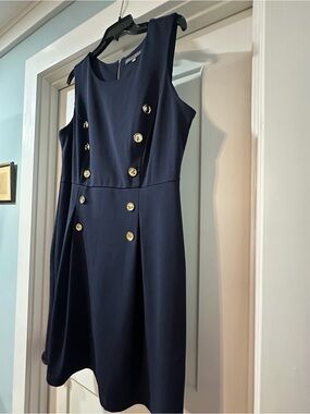 Sharagano Sleeveless Navy Gold-Button A-Line Dress Size 14